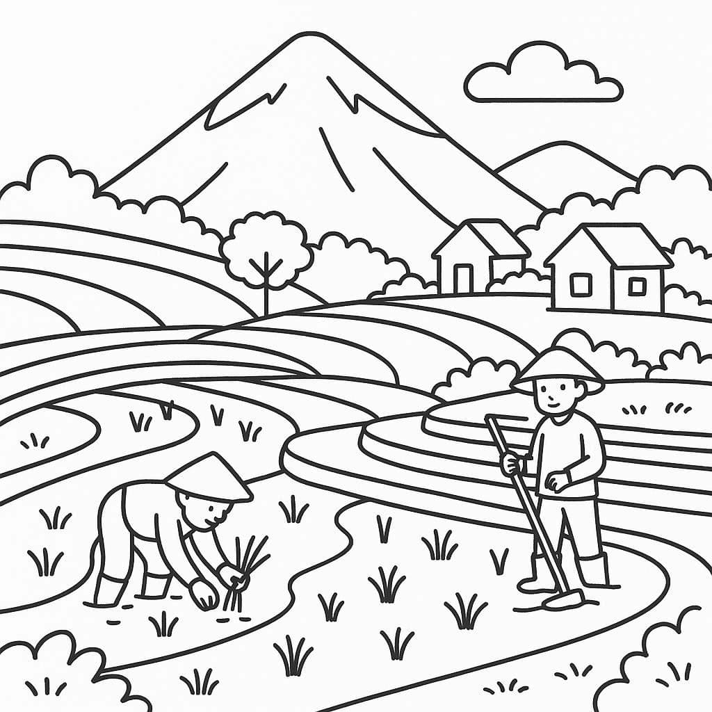 Beautiful Landscape Indonesian Village - free printable coloring page for kids to download