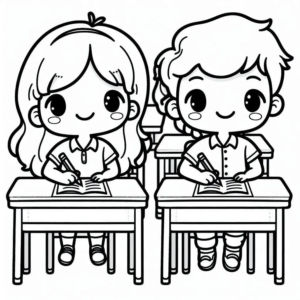 Boy and Girl Study in a Class - Free Coloring Pages for School-Time Fun! - free printable coloring page for kids to download