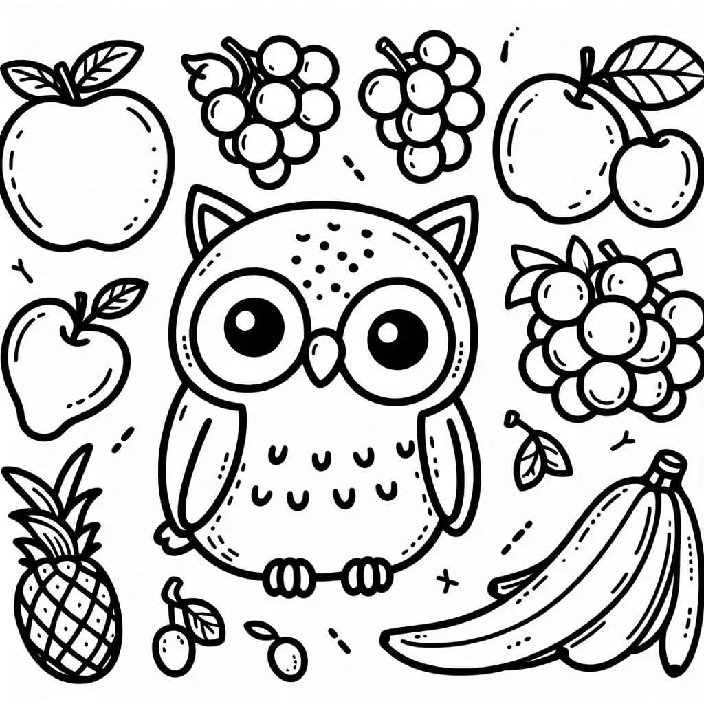 Fruit and Owl - Free Printable Coloring Pages for Kids and Adults! - free printable coloring page for kids to download