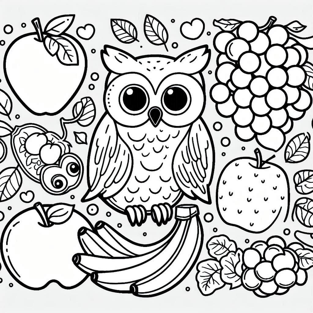 Fruit and Owl - Free Printable Coloring Pages for Kids and Adults! - free coloring page image 4 of 4