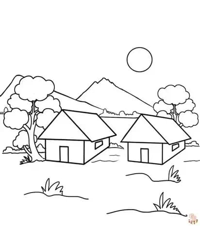 Beautiful Landscape Indonesian Village - free coloring page image 2 of 4