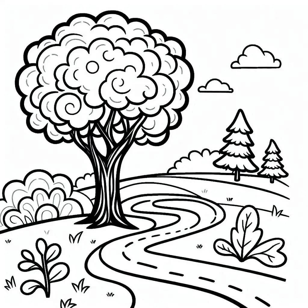 A Tree with road - Nature-Inspired Free Coloring Pages for All Ages! - free printable coloring page for kids to download
