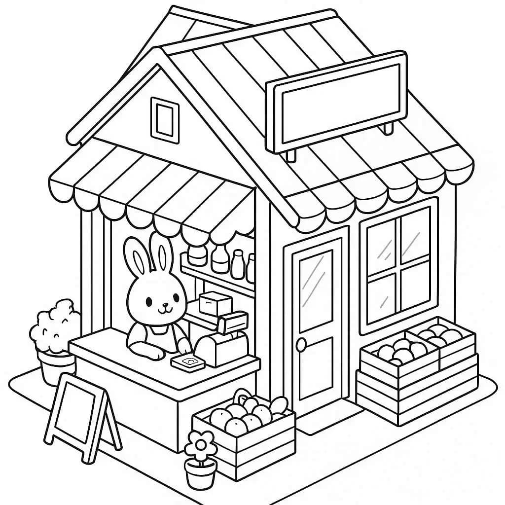 Cute Shop Coloring Page – Adorable Animal Store Scene - free printable coloring page for kids to download