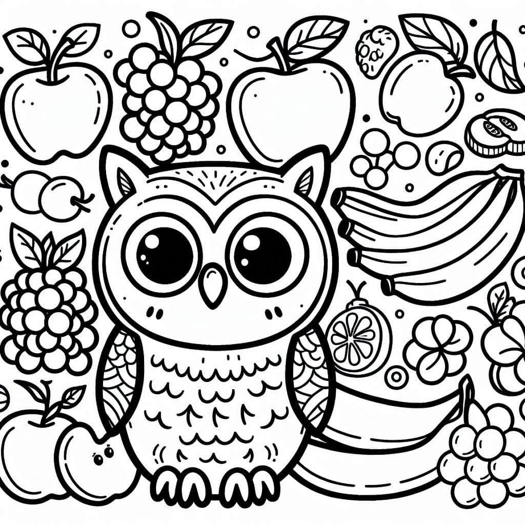 Fruit and Owl - Free Printable Coloring Pages for Kids and Adults! - free coloring page image 3 of 4