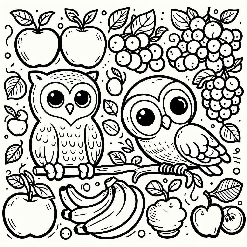 Fruit and Owl - Free Printable Coloring Pages for Kids and Adults! - free coloring page image 2 of 4